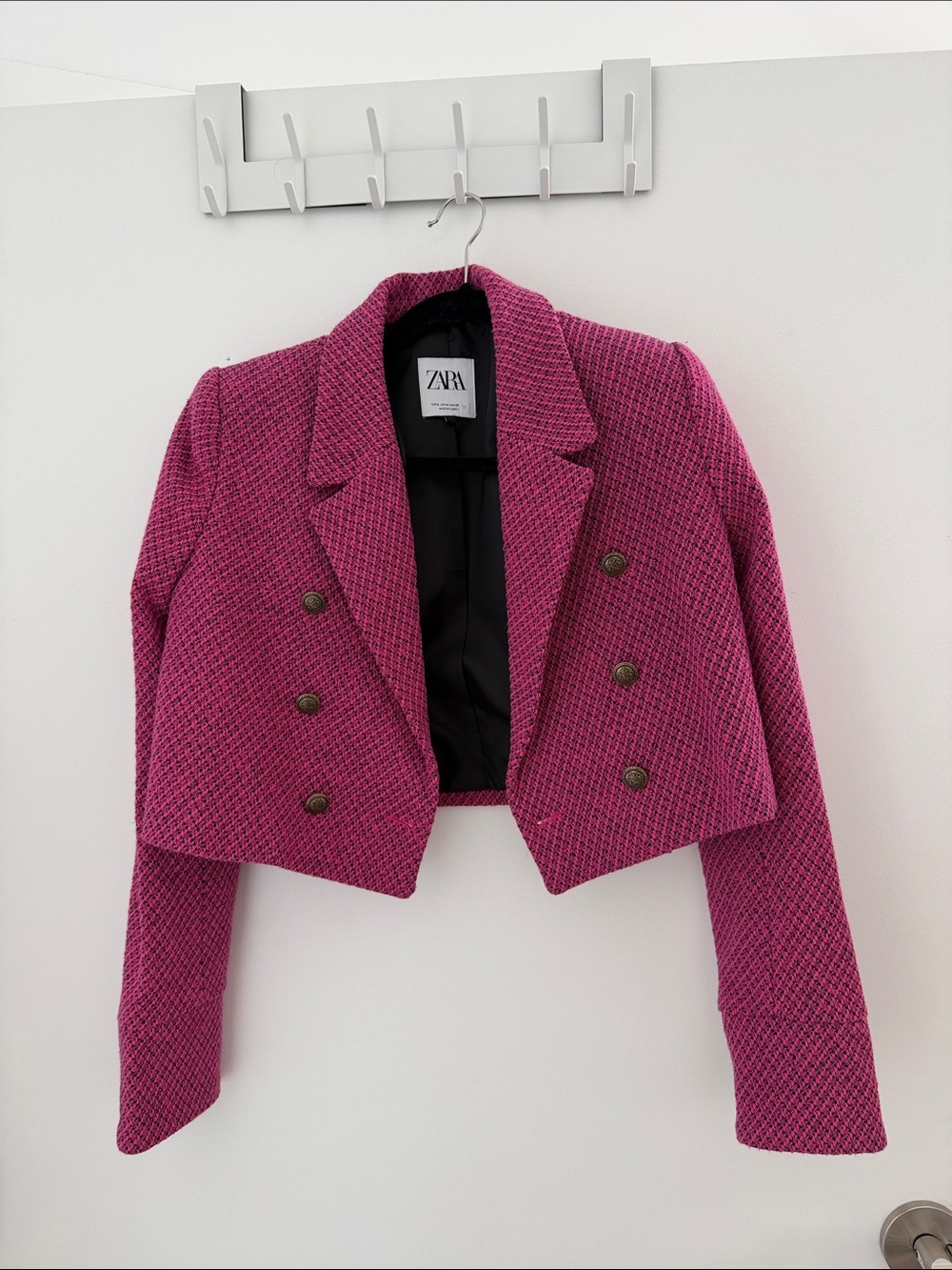 Zara Cropped Double-Breasted Magenta Tweed Blazer